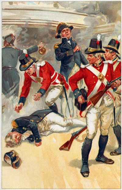 "Nelson foi atingido por um tiro do aparelhamento", ilustração de "Heróis e heroínas da história inglesa" por Alice S. Hoffman de Gordon Frederick Browne